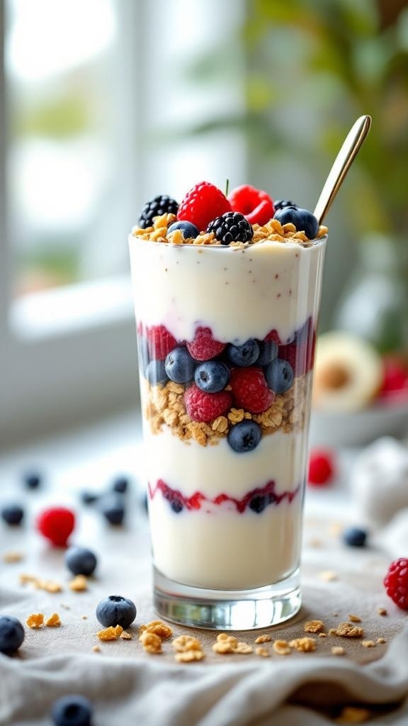 A colorful berry yogurt parfait with layers of yogurt, mixed berries, and granola in a glass.