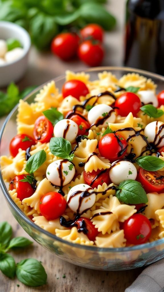A bowl of Caprese pasta salad with cherry tomatoes, mozzarella balls, and fresh basil, drizzled with balsamic glaze.
