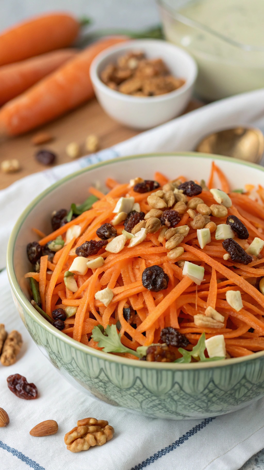 A bowl of refreshing carrot and raisin salad topped with nuts, surrounded by fresh carrots and ingredients.