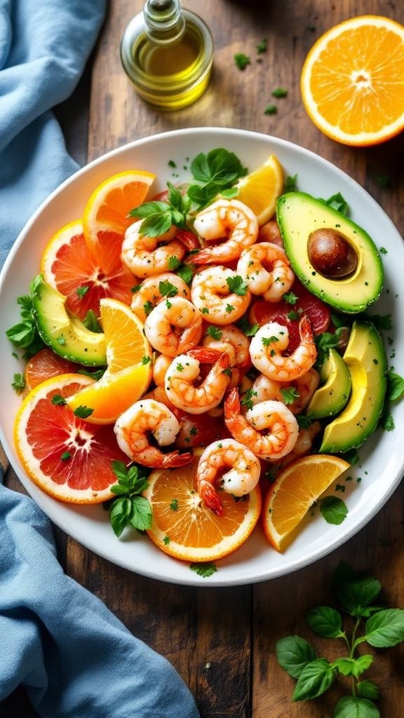 A colorful plate of citrus shrimp salad with avocado, garnished with fresh herbs.