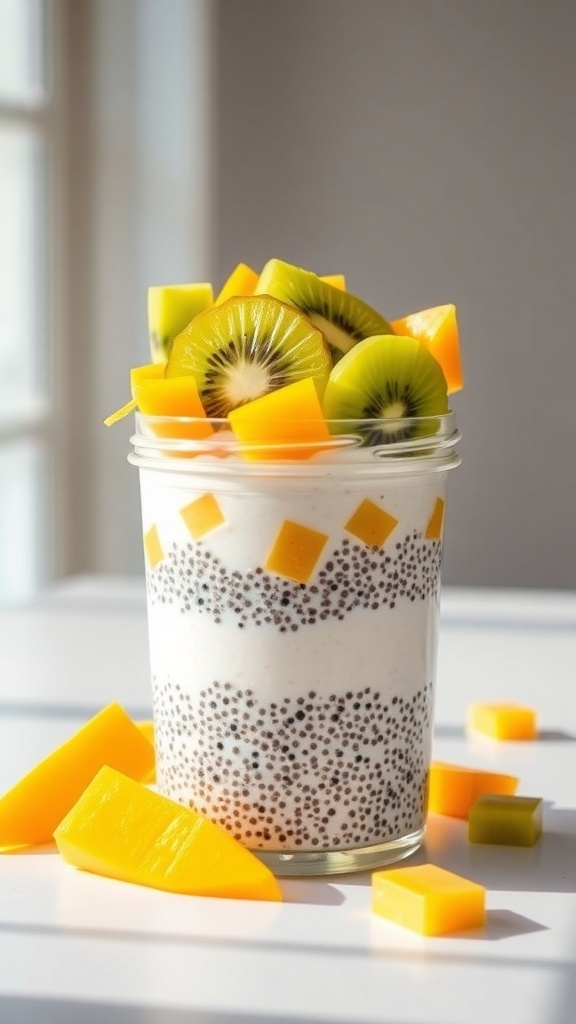 A glass of coconut chia seed pudding topped with mango and kiwi slices.