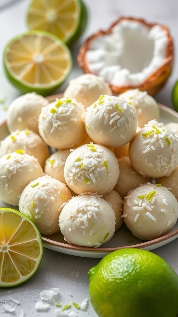 A plate of coconut lime energy bites surrounded by lime halves and shredded coconut.