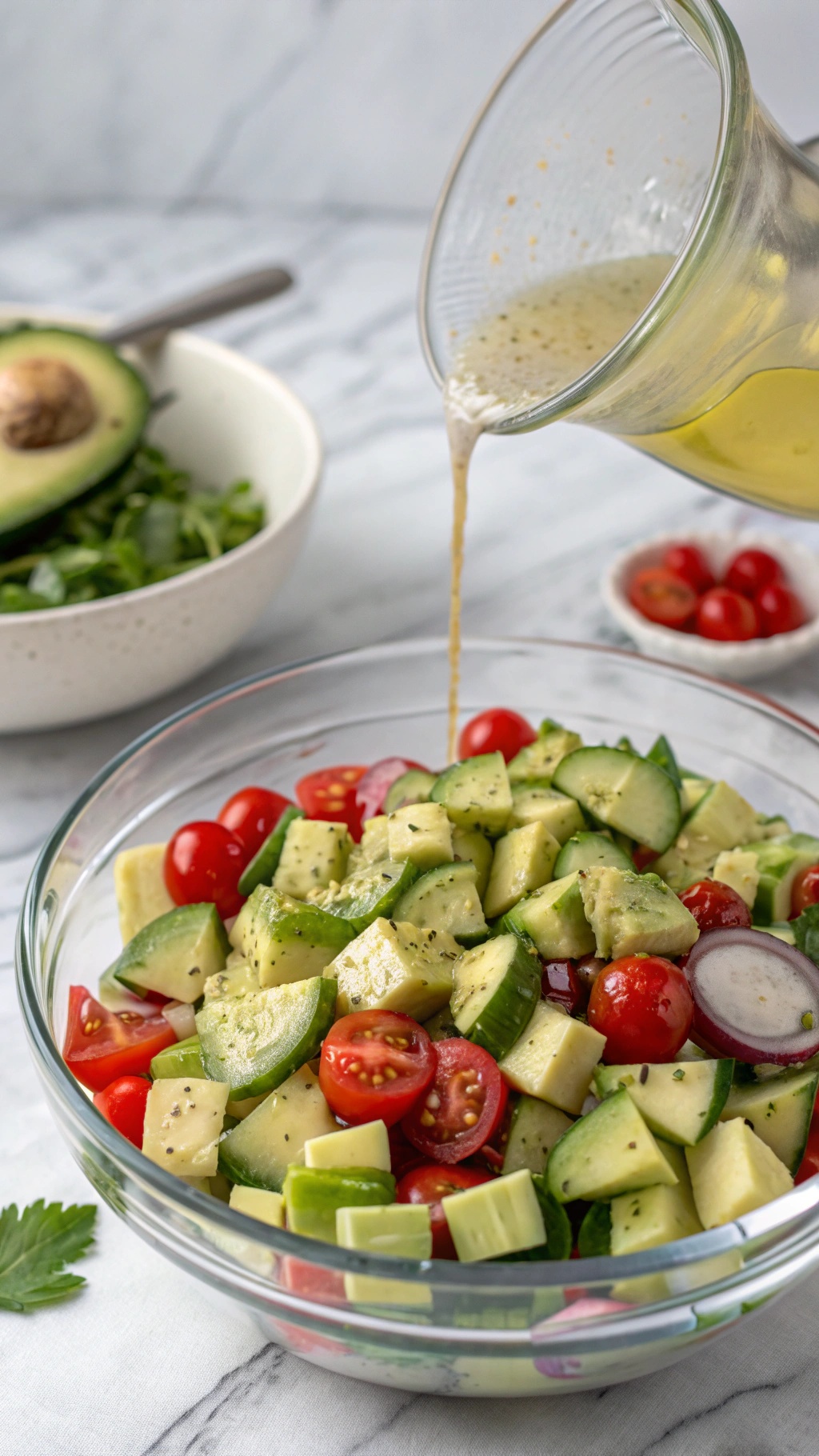 A refreshing cucumber and avocado salad with cherry tomatoes and a light dressing being poured over it.
