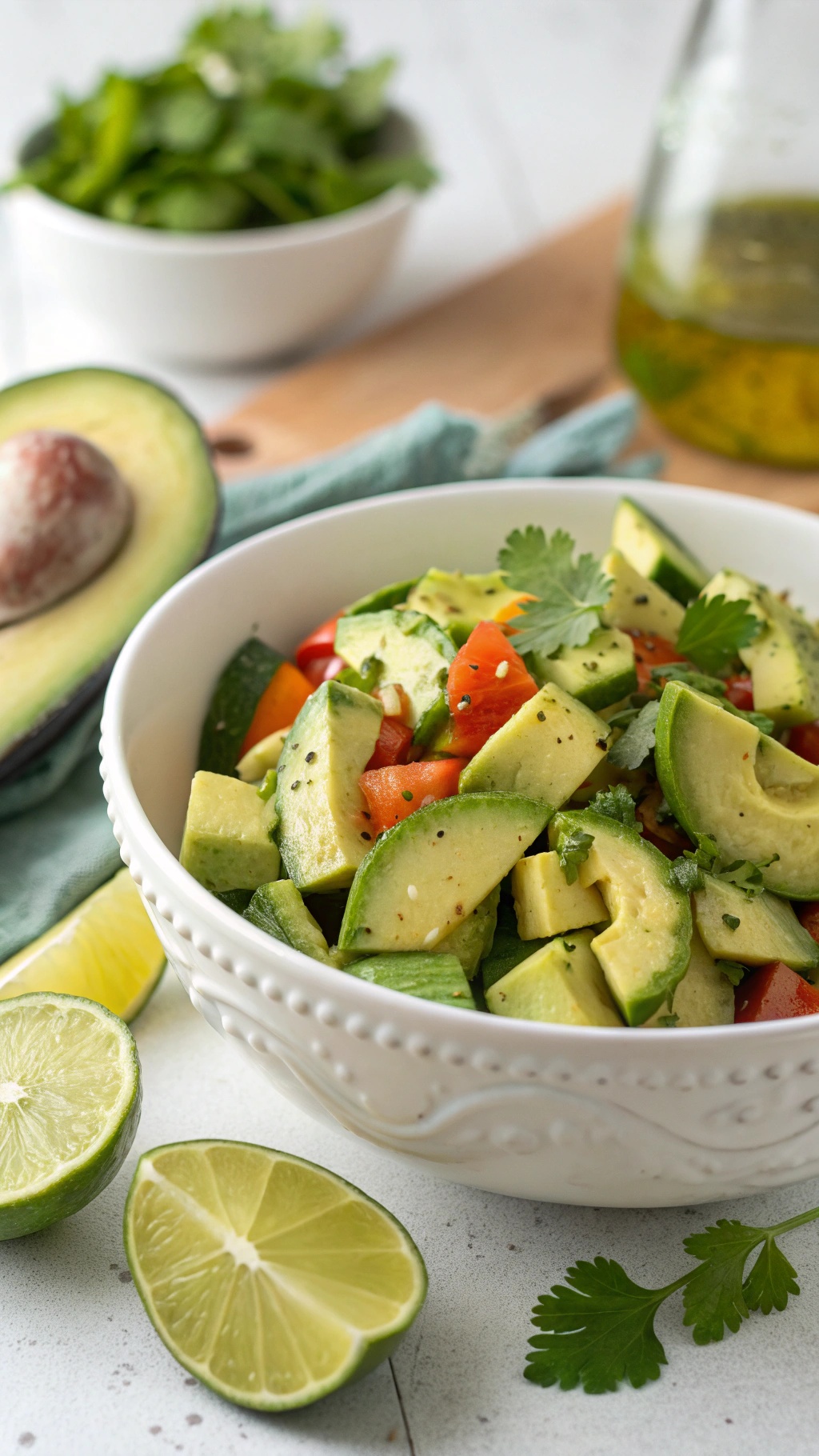 A bowl of refreshing cucumber and avocado salad with diced tomatoes and cilantro, surrounded by lime halves and an avocado.