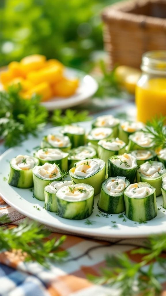 A plate of cucumber and cream cheese roll-ups, garnished with herbs, on a picnic table.