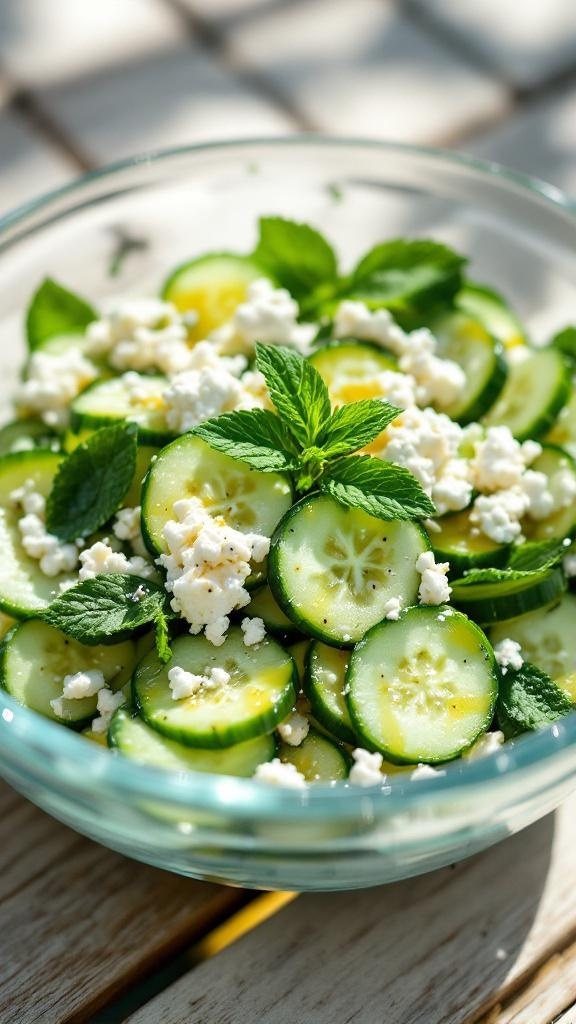 A bowl of cucumber and feta salad with mint leaves on top.