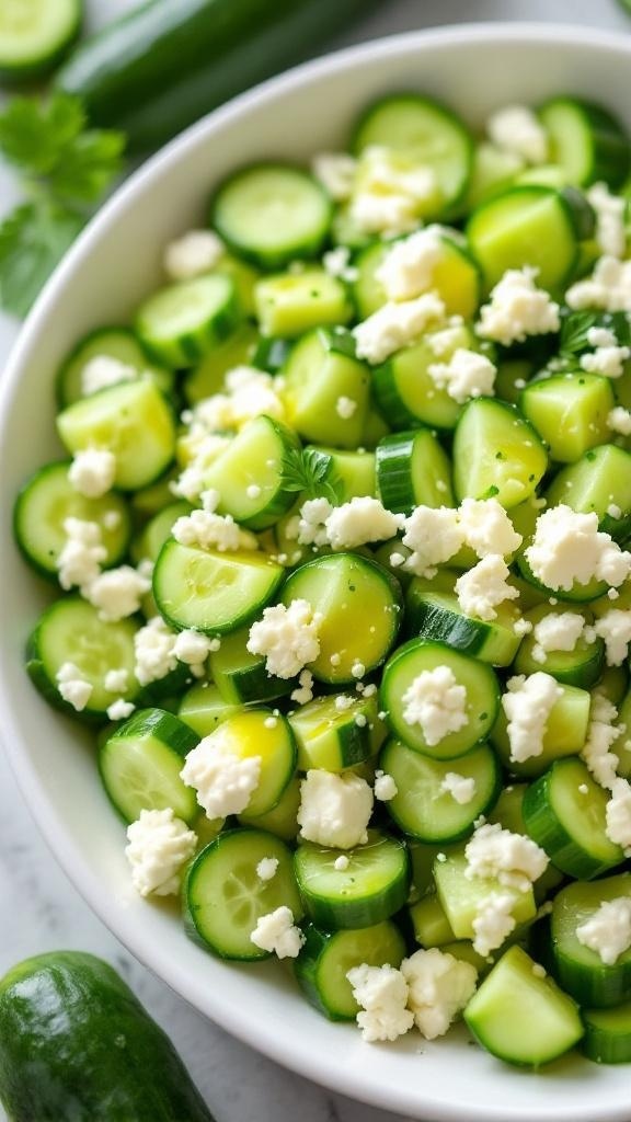 A bowl of cucumber and feta salad with fresh herbs.