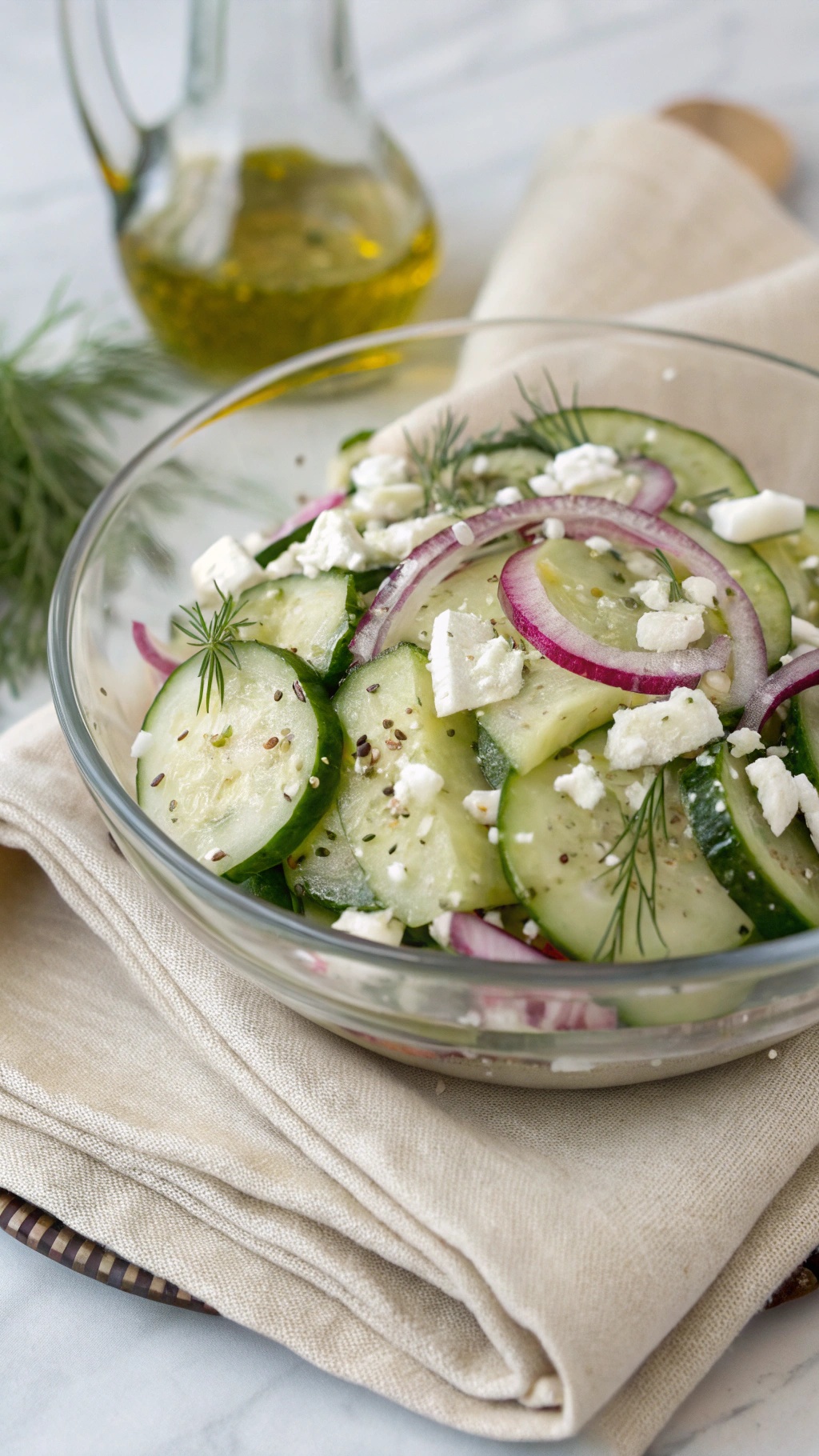A bowl of cucumber and feta salad with sliced cucumbers, crumbled feta cheese, and red onions, garnished with fresh dill.