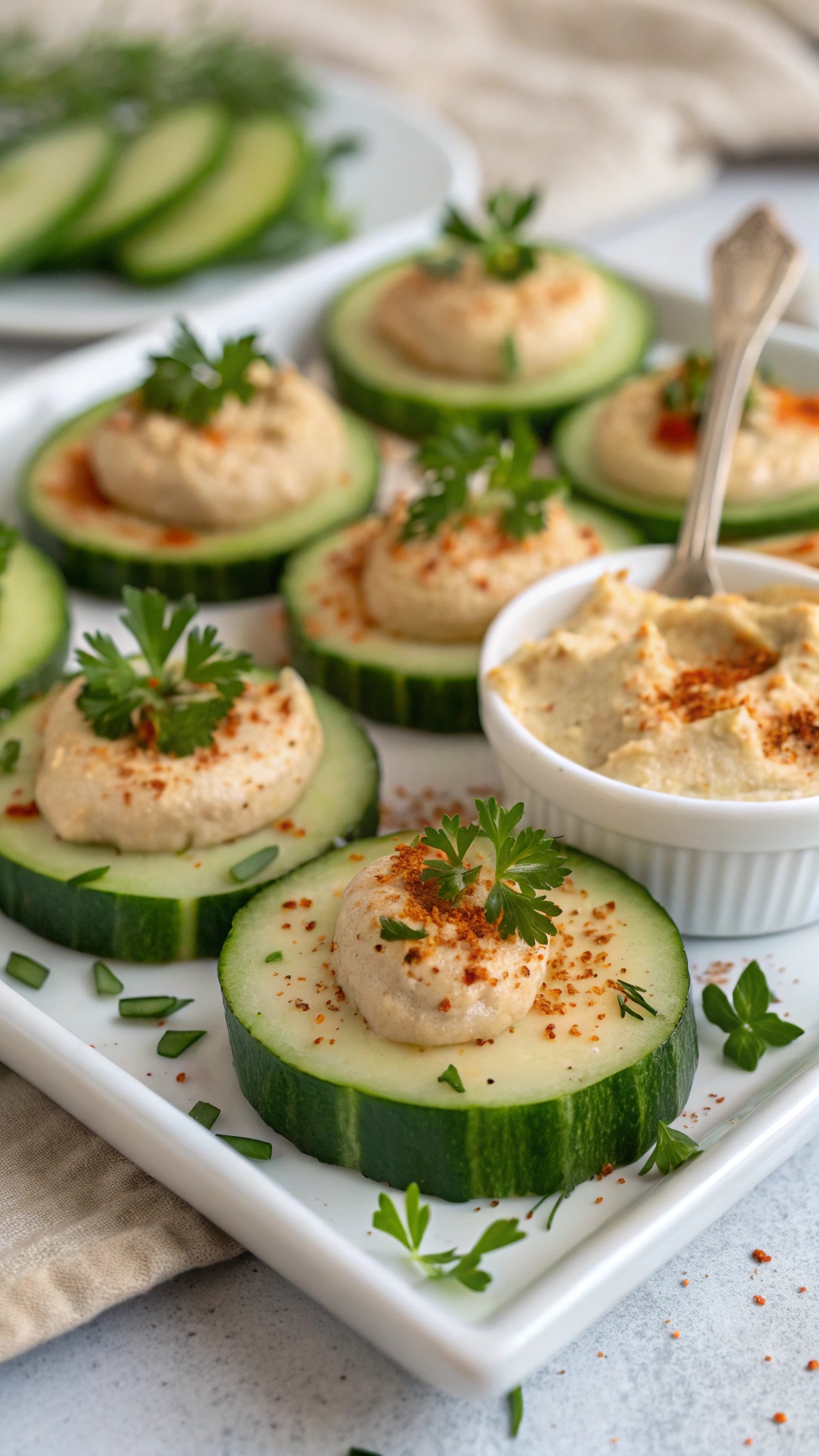 Cucumber slices topped with hummus and garnished with parsley, served on a white platter.
