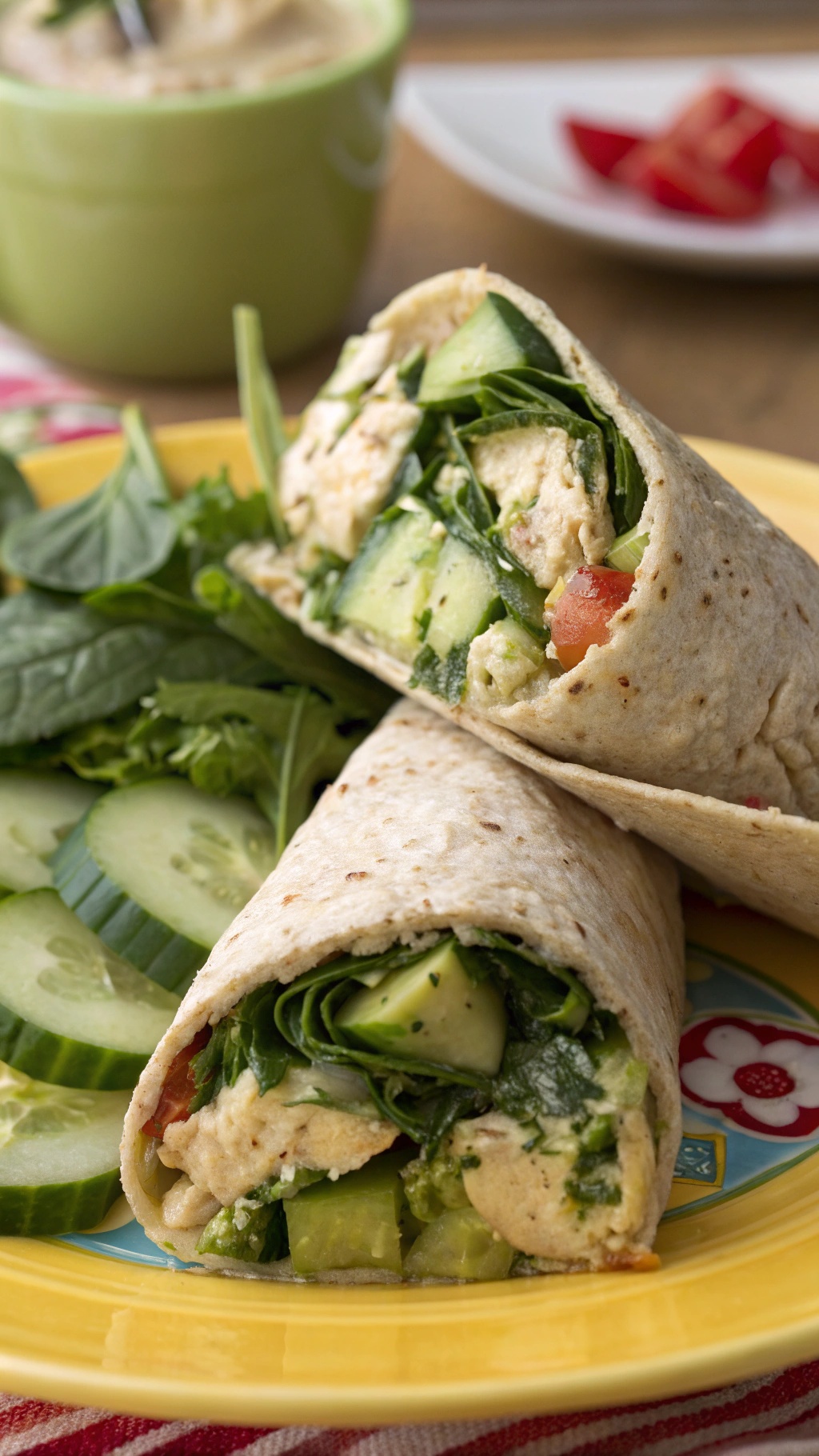Cucumber and hummus wraps with fresh spinach and sliced cucumbers on a plate
