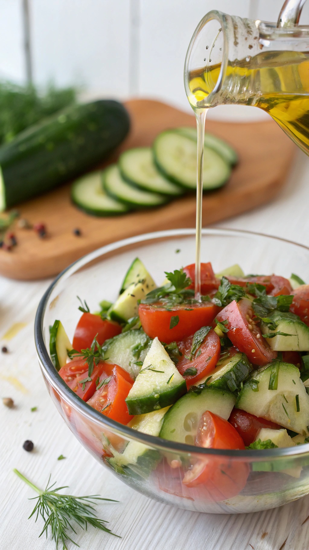 A bowl of cucumber and tomato salad with olive oil being drizzled over it.