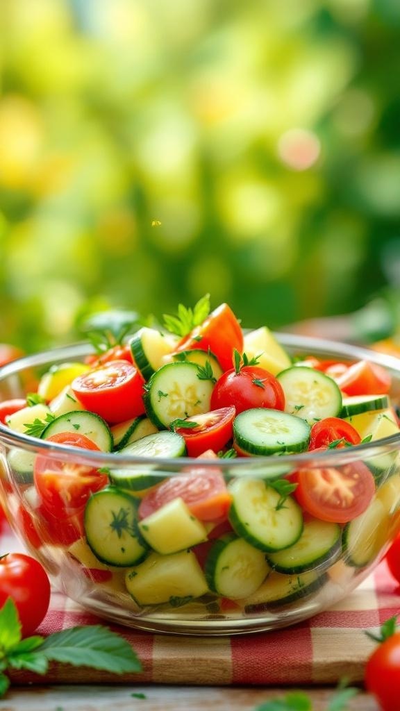 A vibrant cucumber and tomato salad in a glass bowl, garnished with fresh herbs.