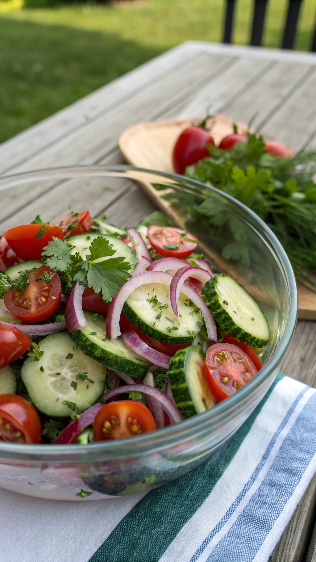 A bowl of cucumber and tomato salad with red onion and cilantro, garnished with fresh herbs.