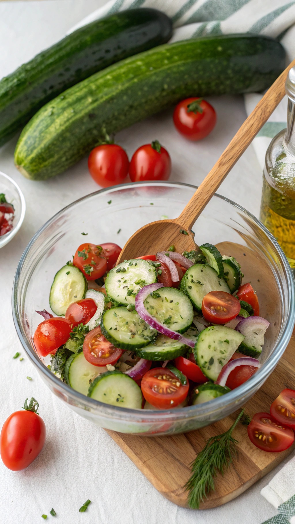 A bowl of cucumber and tomato salad with fresh herbs, olive oil, and red onion.