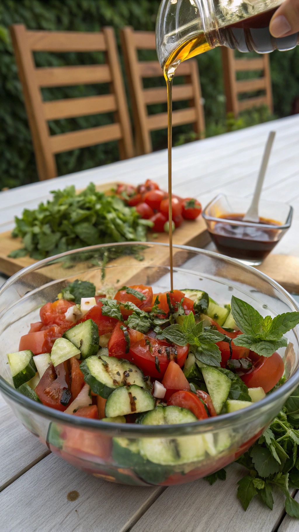 A bowl of cucumber and tomato salad with fresh herbs and dressing being poured over it.