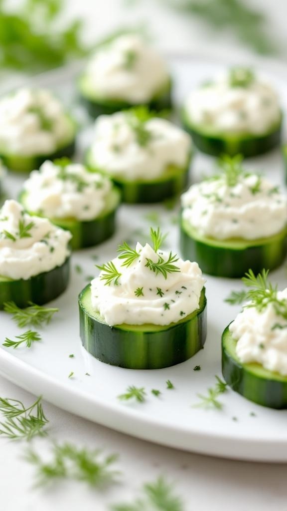 Cucumber bites topped with cream cheese and herbs on a white platter.