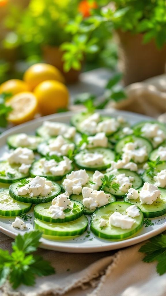 A plate of cucumber slices topped with creamy feta cheese and garnished with parsley.
