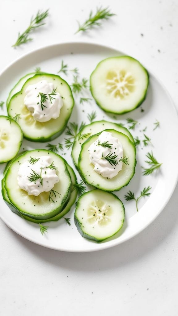 A plate of cucumber slices topped with herb cream cheese and garnished with dill.