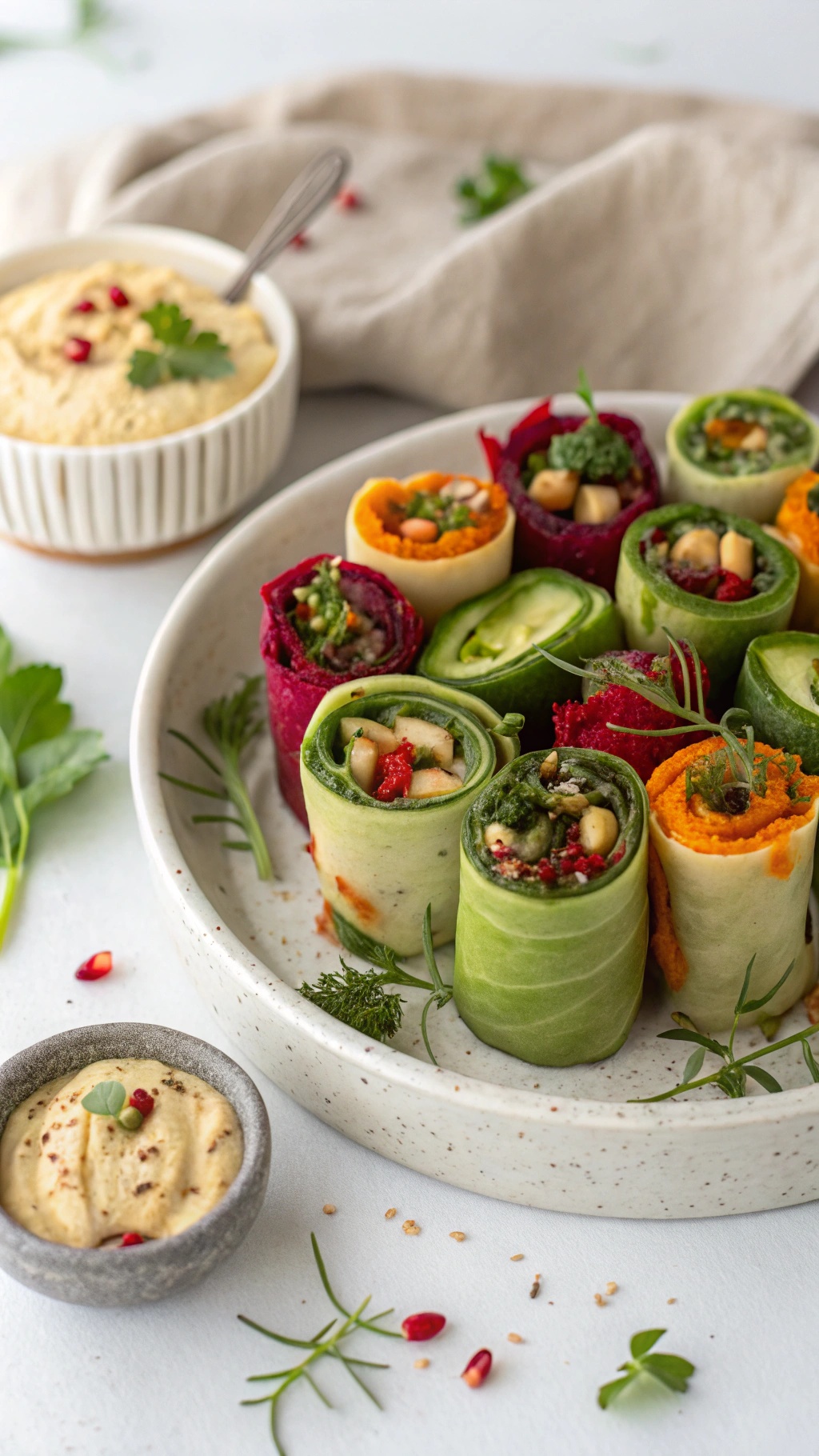 Colorful cucumber rolls filled with hummus and vegetables, served on a plate with a bowl of hummus.