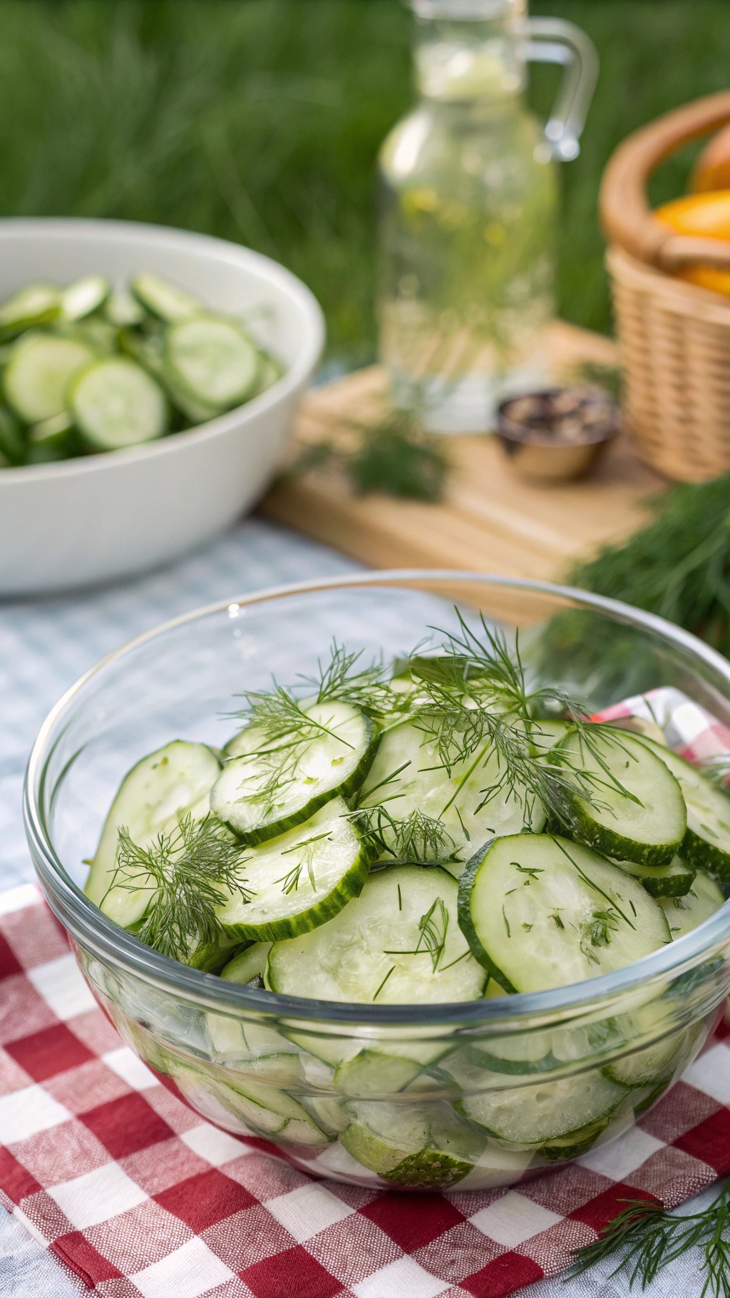 A bowl of cucumber salad with dill on a checkered cloth.