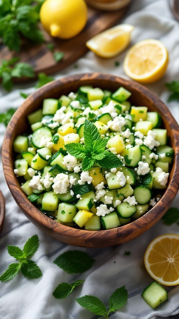 A bowl of refreshing cucumber salad with feta cheese and mint, garnished with lemon slices.