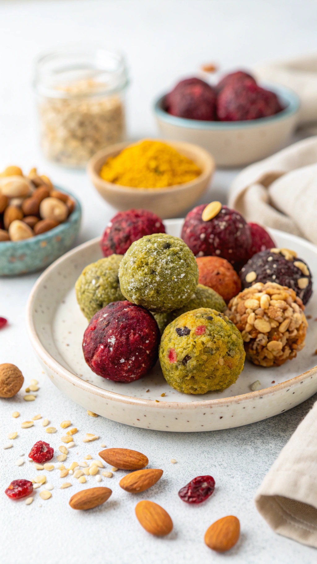 A plate of colorful fruit and nut energy balls surrounded by nuts and dried fruits.