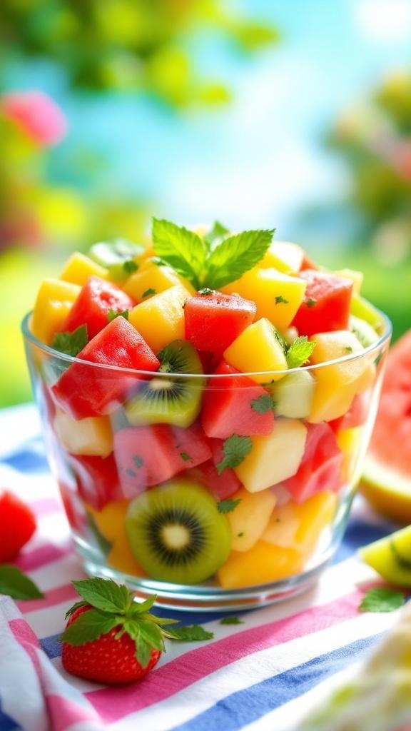 A vibrant bowl of fruit salad with watermelon, mango, cucumber, and kiwi, garnished with mint leaves.