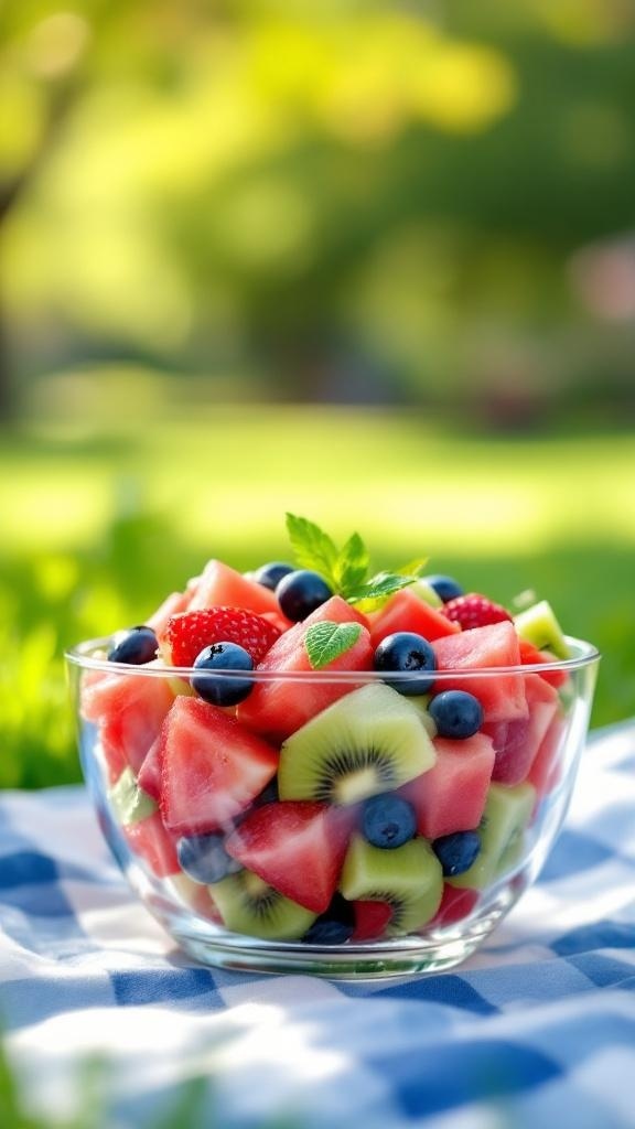 A vibrant bowl of fruit salad with watermelon, strawberries, blueberries, and kiwi, garnished with mint leaves.
