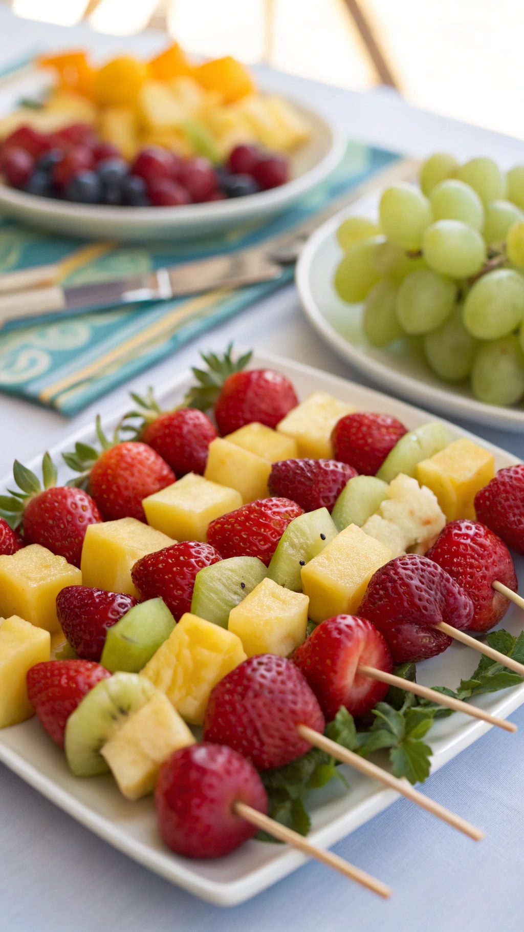 Colorful fruit skewers with strawberries, pineapple, kiwi, and honeydew melon on a plate.