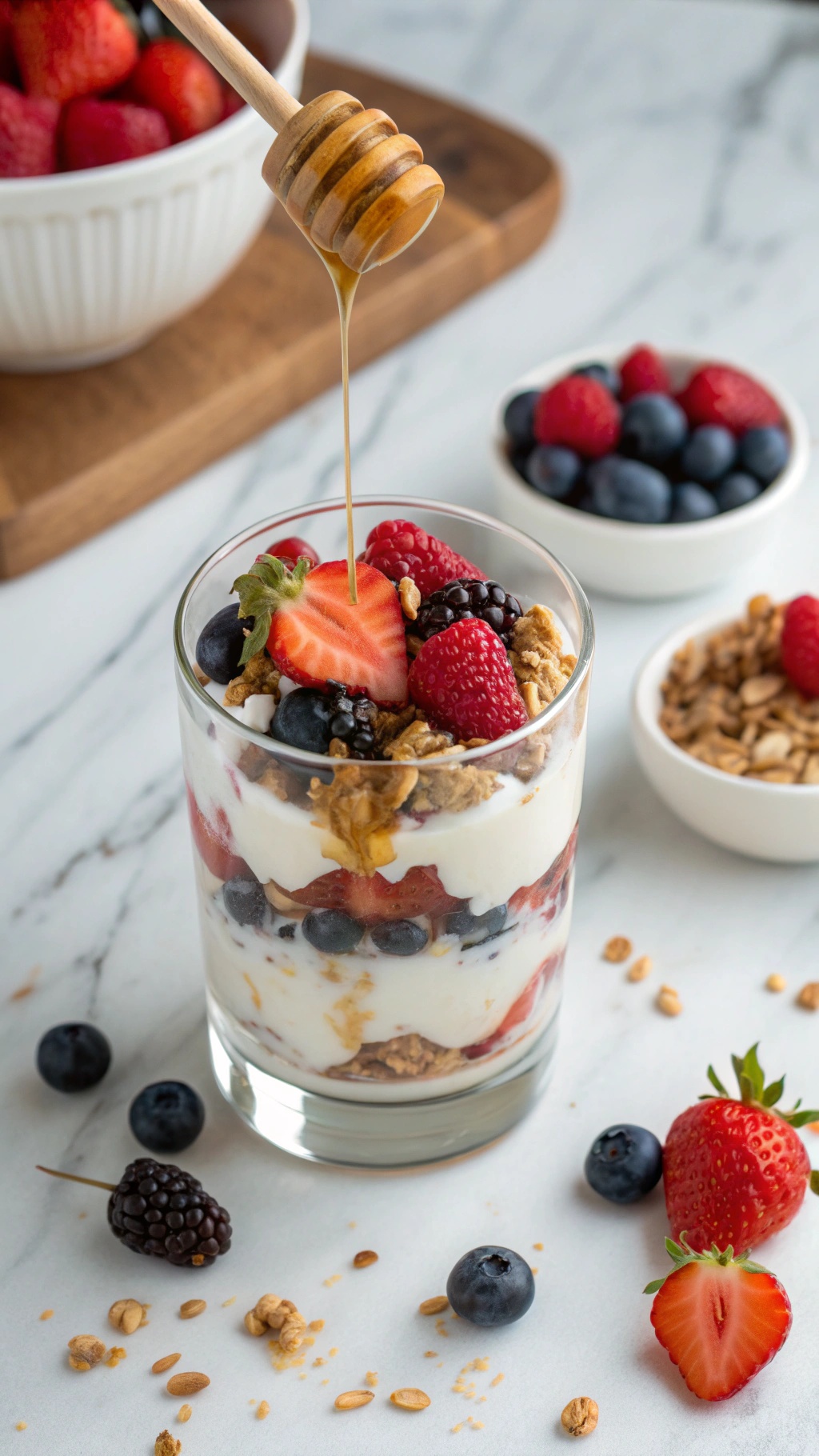 A delicious Greek yogurt parfait with layers of yogurt, berries, and granola, topped with honey.