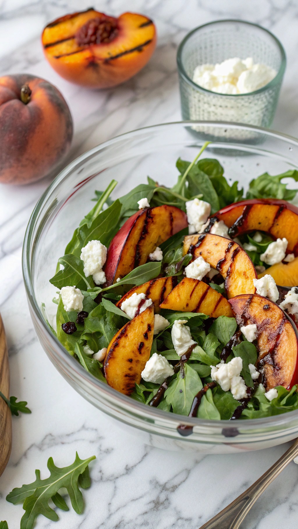 A refreshing grilled peach salad with arugula and goat cheese.