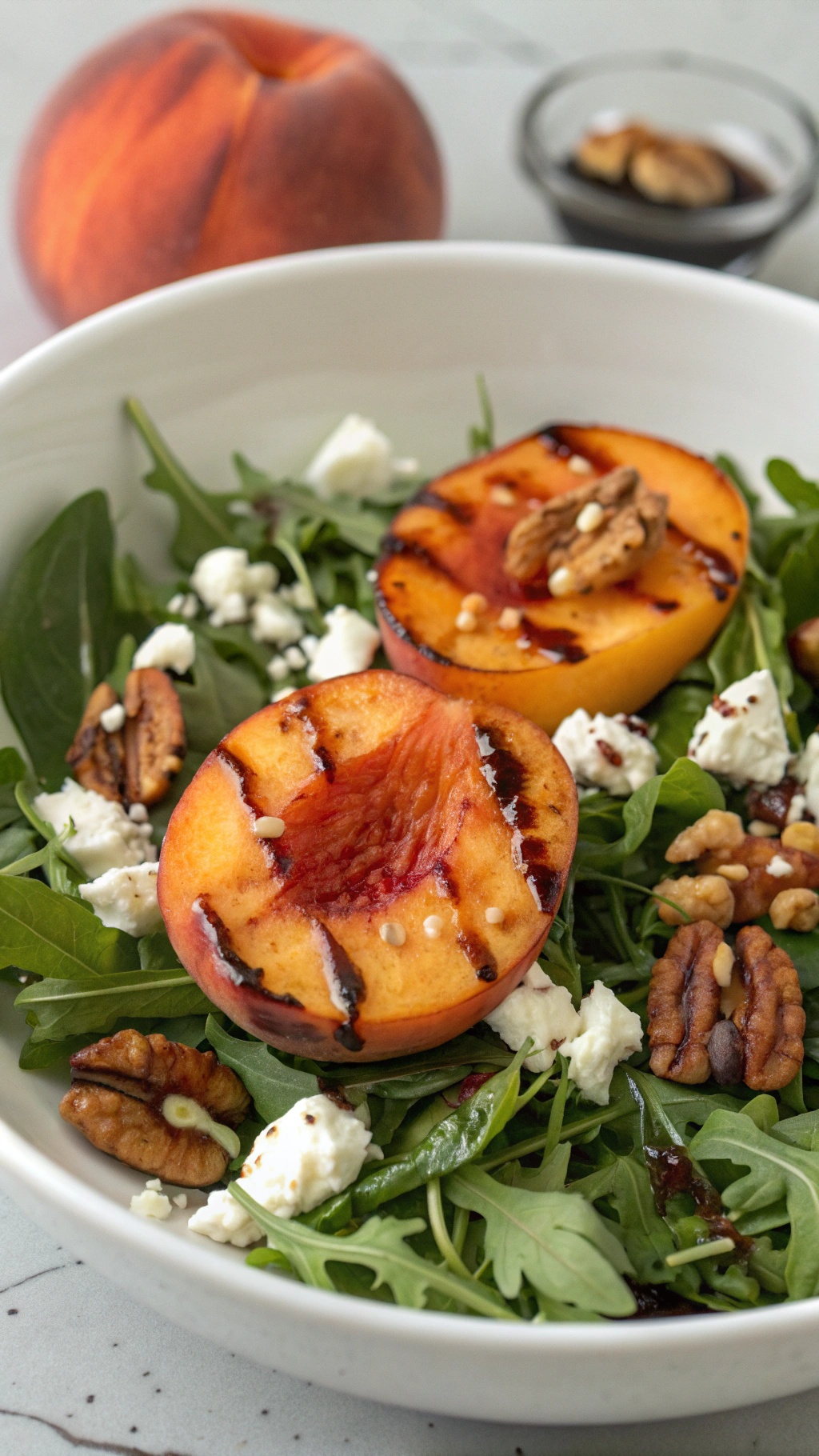 A refreshing grilled peach salad with arugula, goat cheese, and pecans.