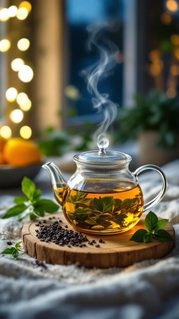 A glass teapot with herbal tea and mint leaves, surrounded by a cozy atmosphere.