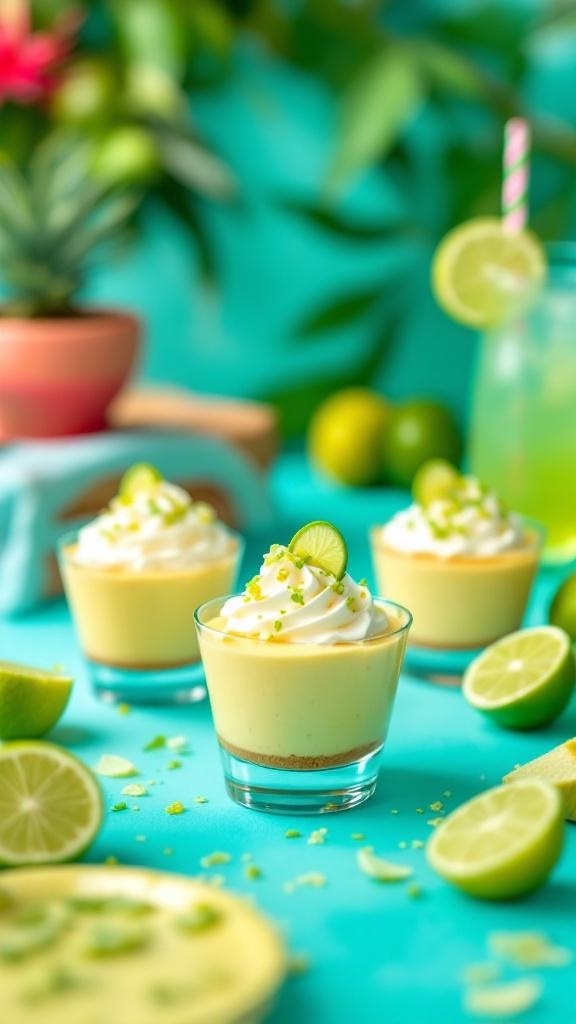 Key Lime Pie Cups with whipped cream and lime slices on a colorful background.