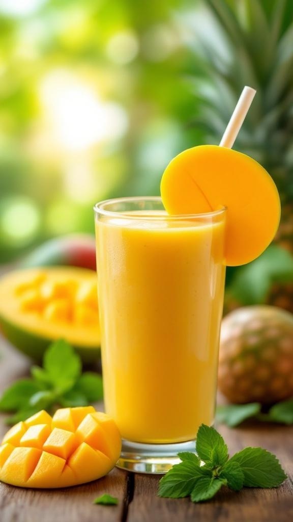 A refreshing mango smoothie in a glass, garnished with a slice of mango and mint leaves, surrounded by fresh mangoes and a pineapple.