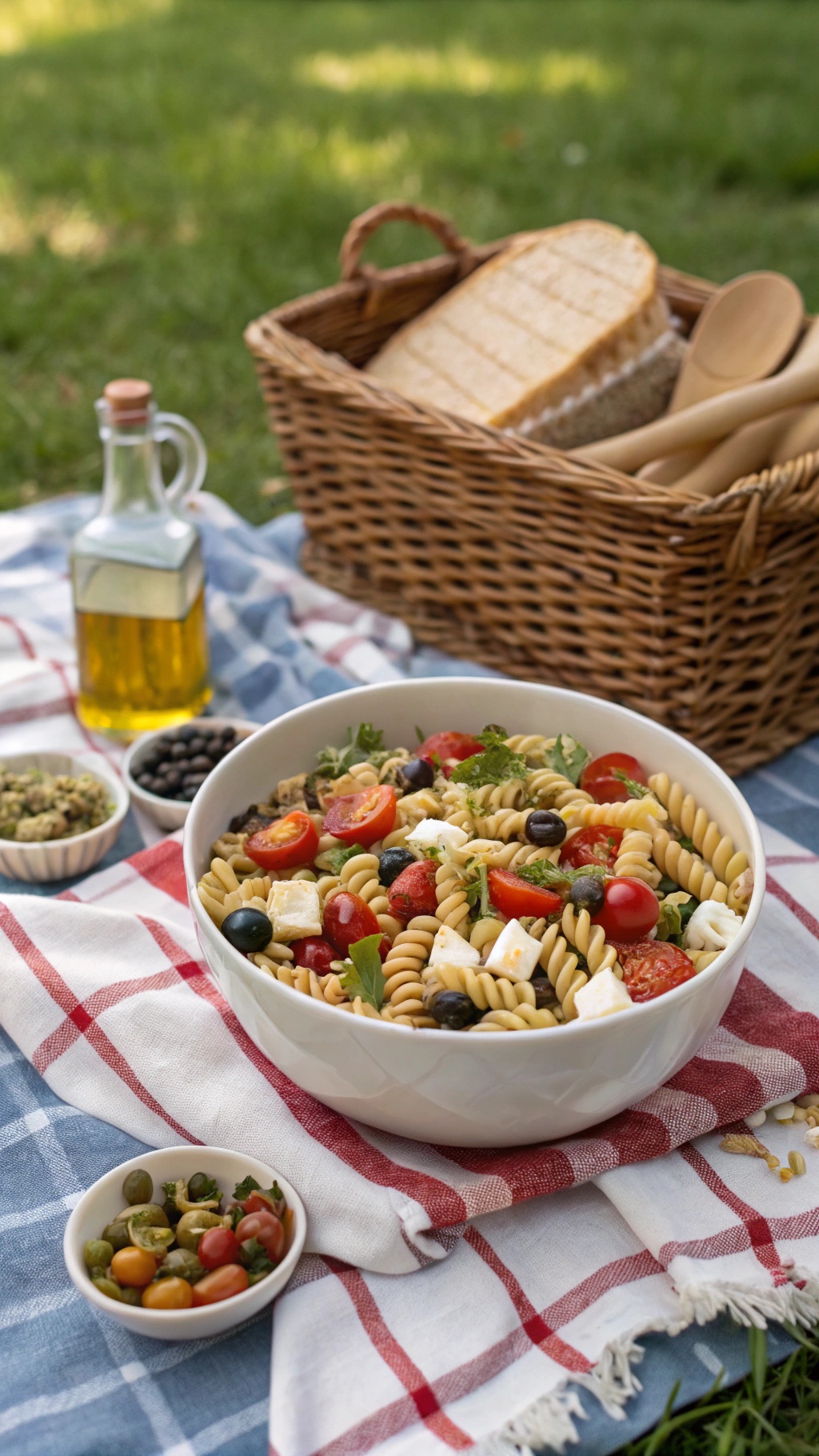 A bowl of Mediterranean pasta salad with cherry tomatoes, olives, and feta cheese, set on a picnic blanket with a basket and olive oil nearby.