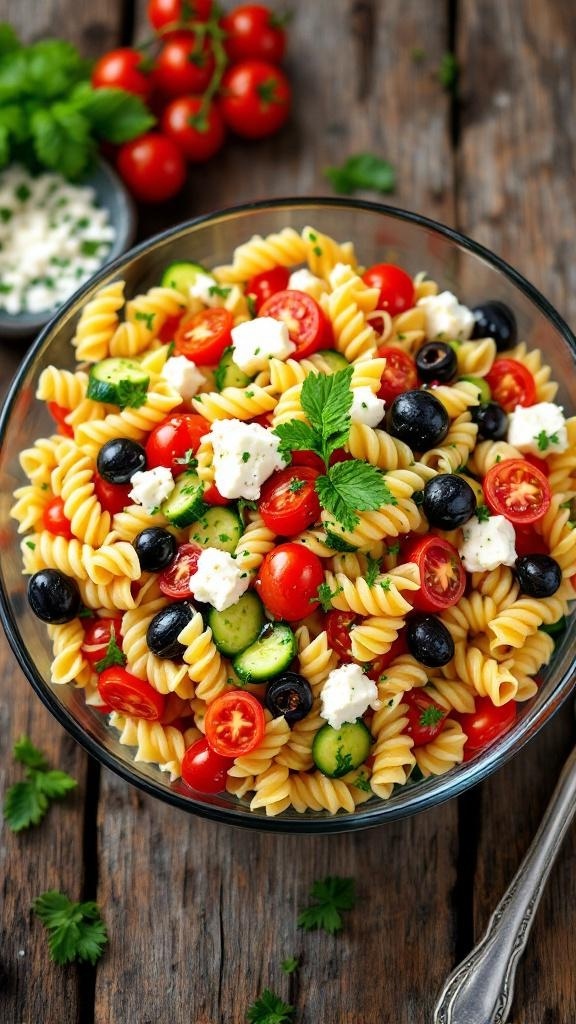 A bowl of Mediterranean pasta salad with cherry tomatoes, olives, cucumbers, and feta cheese.