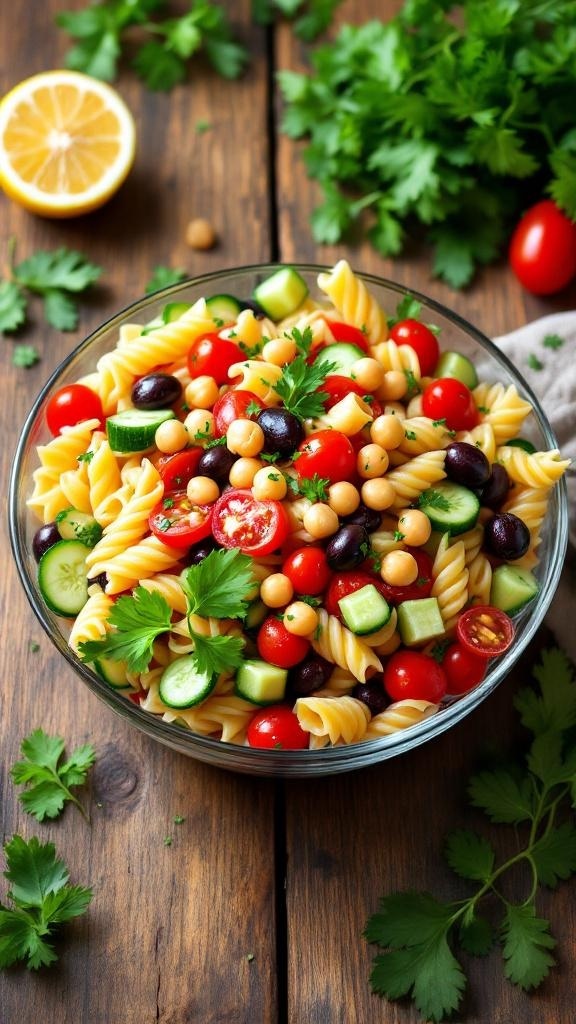 A colorful Mediterranean pasta salad with chickpeas, cherry tomatoes, cucumbers, and black olives in a glass bowl.