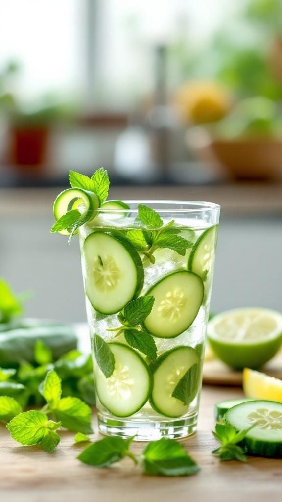 A refreshing mint and cucumber detox drink with slices of cucumber and mint leaves in a glass.