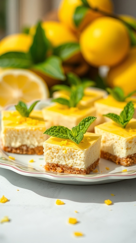 No-bake lemon cheesecake bites on a plate with fresh lemons and mint leaves in the background.