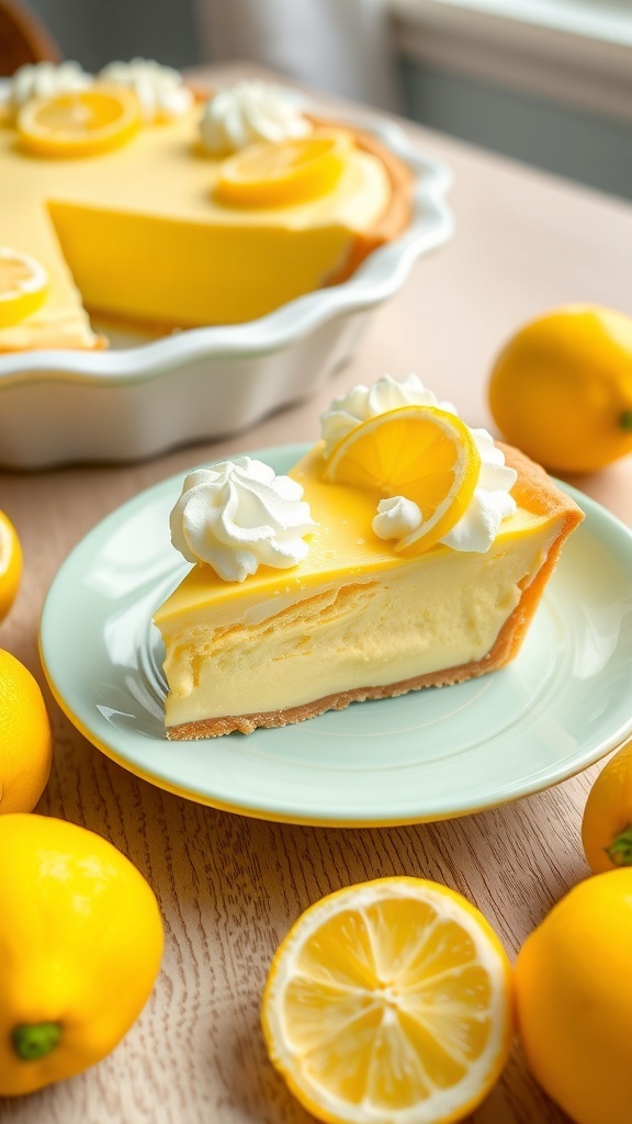 A slice of no-bake lemonade pie on a plate, surrounded by fresh lemons.