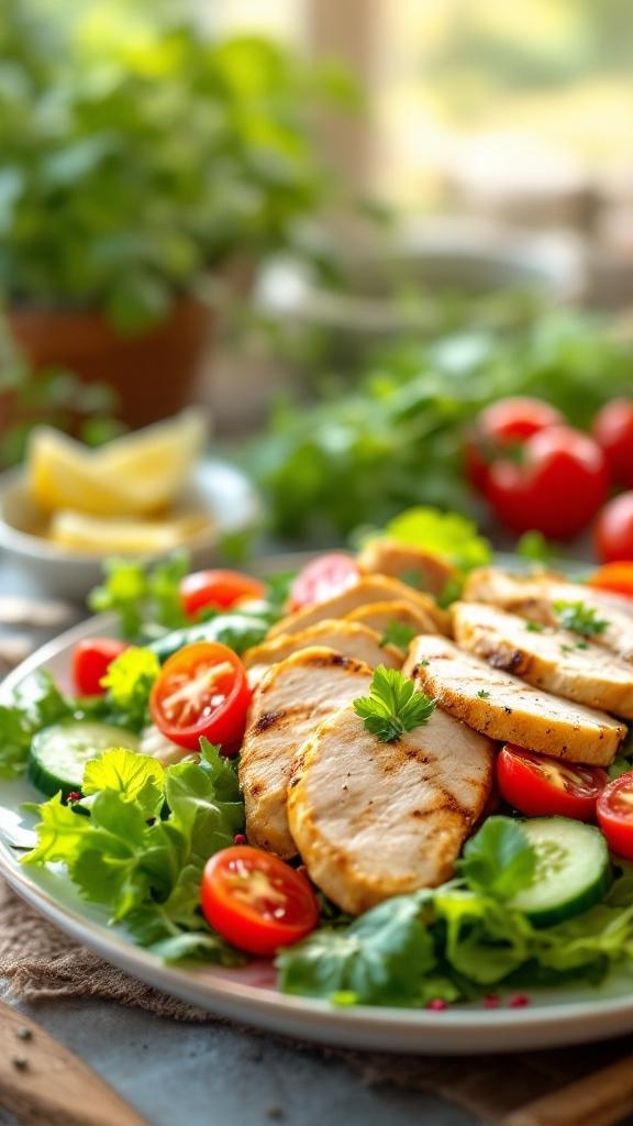 A colorful plate of grilled chicken salad with lettuce, cherry tomatoes, and cucumber, garnished with lemon wedges.