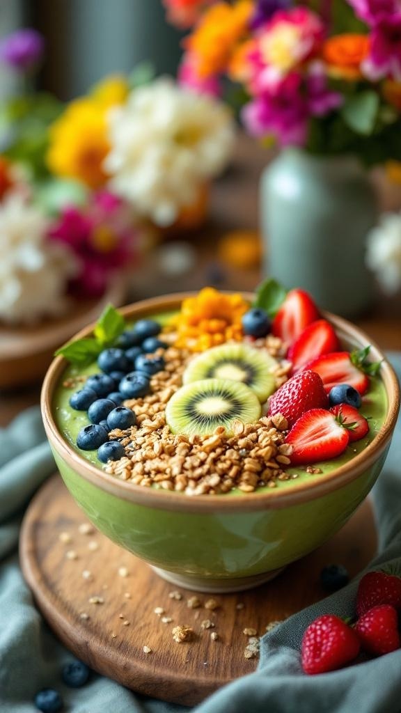 A vibrant smoothie bowl topped with fresh fruits and granola, surrounded by flowers.