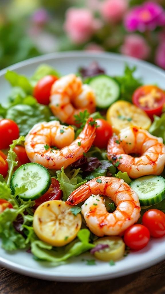 A colorful spring salad with grilled shrimp, cherry tomatoes, cucumber, and lemon slices on a white plate.