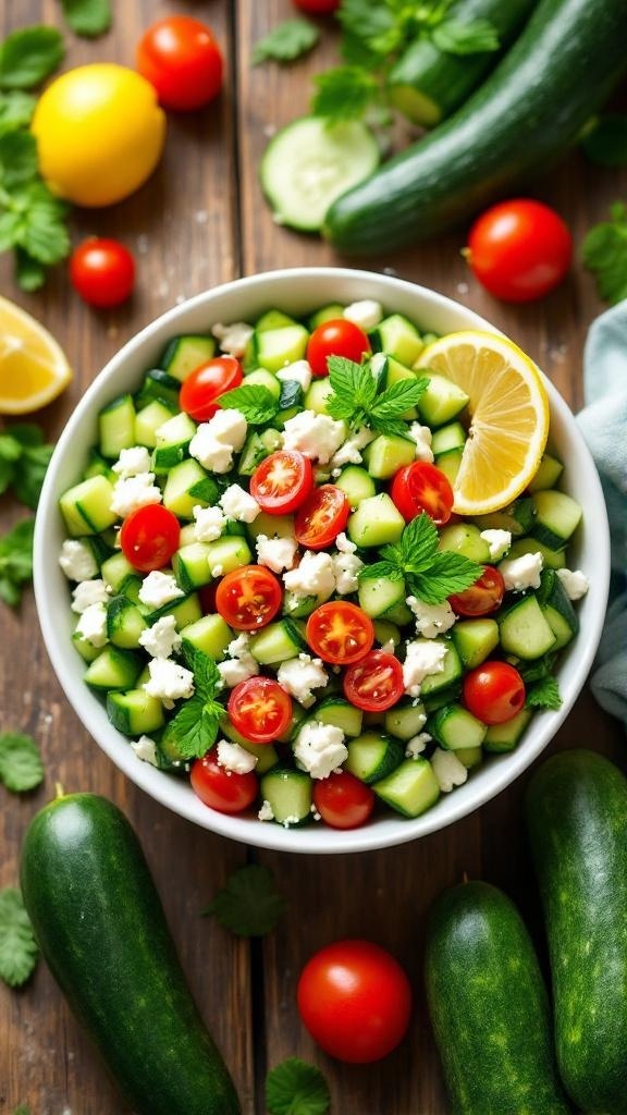 A bowl of refreshing cucumber salad with feta, cherry tomatoes, and mint, surrounded by fresh cucumbers and lemon.