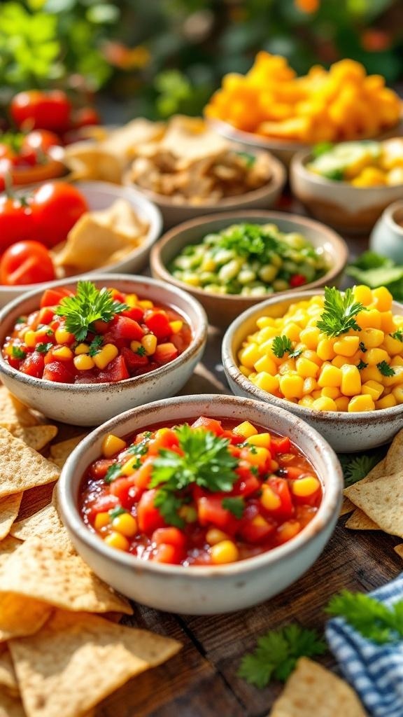 A colorful display of various salsas in bowls, surrounded by tortilla chips.