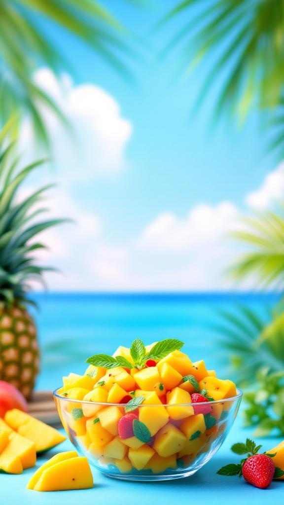 A vibrant bowl of pineapple and mango fruit salad with strawberries and mint, set against a tropical beach background.