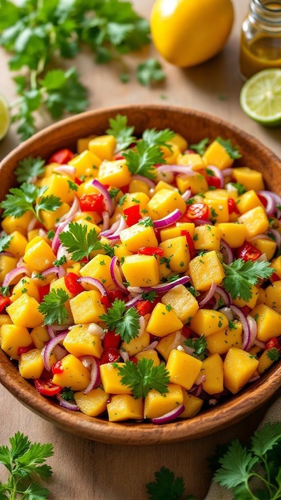 A colorful mango salad with diced mango, red bell pepper, red onion, and cilantro in a wooden bowl, garnished with lime.