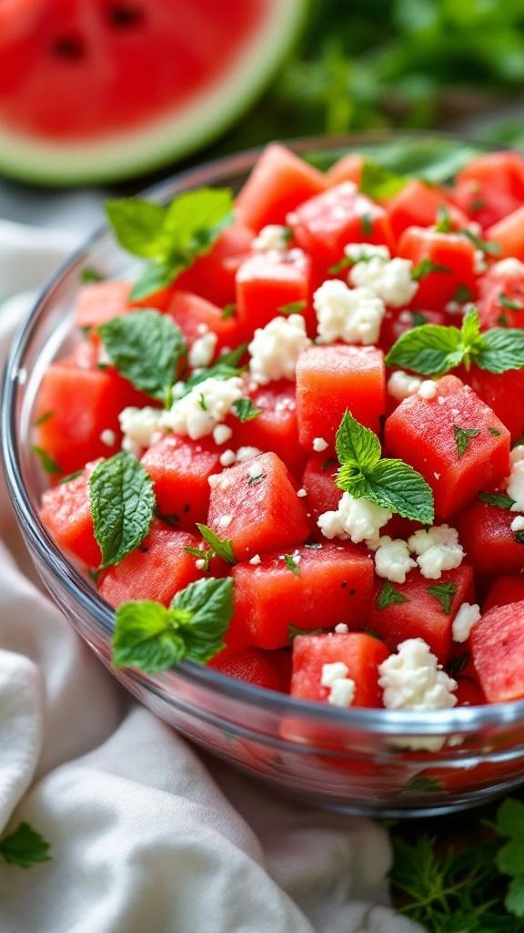 A bowl of watermelon and feta salad garnished with mint leaves.