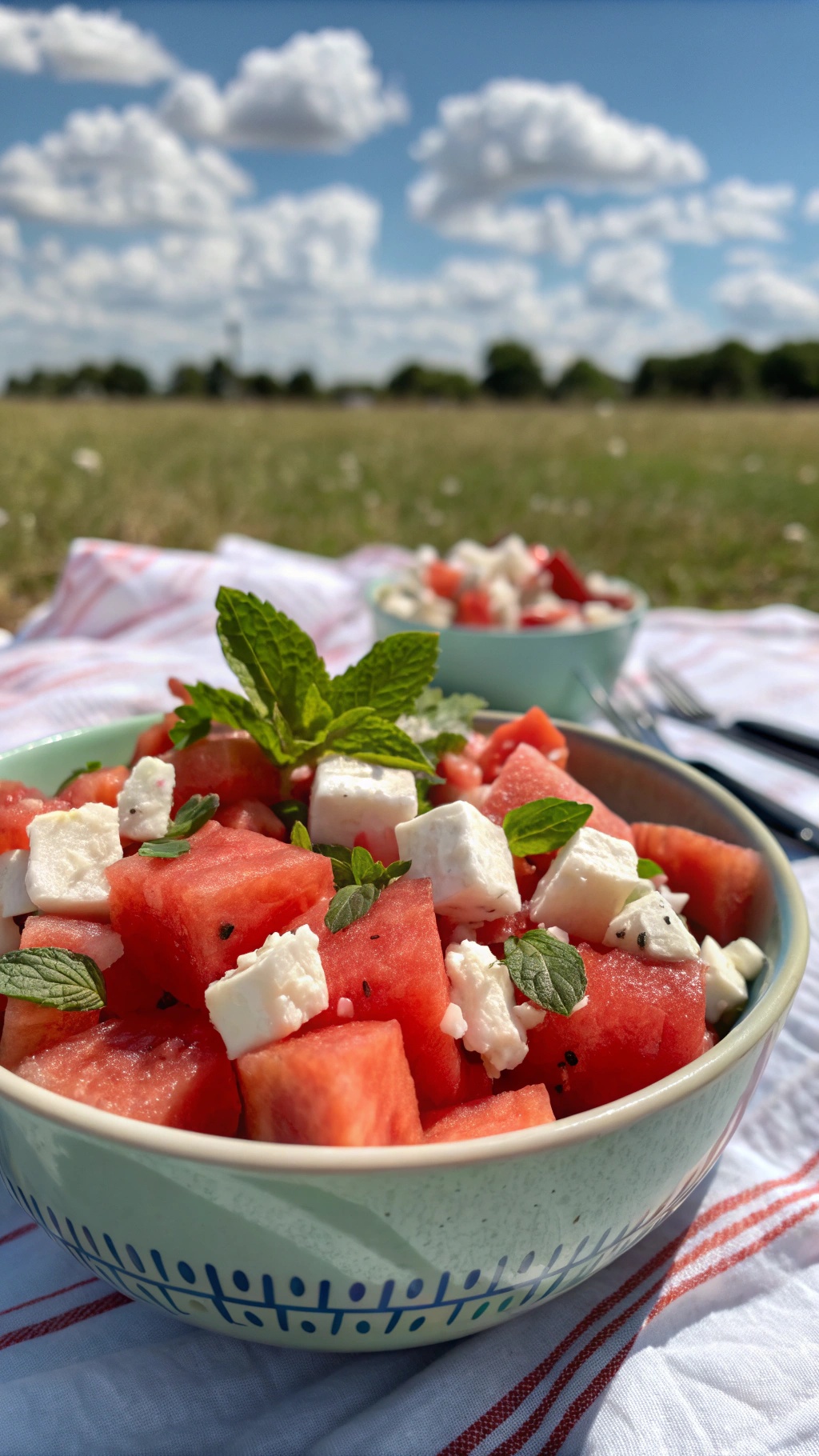 A refreshing watermelon and feta salad with mint leaves, served in a bowl outdoors.